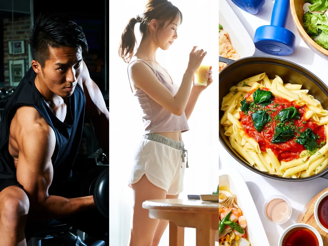 健康的なジムで鍛えている男性とスリムボディの女性と美味しい料理が映った写真